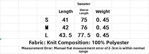 Guide des tailles pour pull en maille montrant les mesures et le tissu 100% polyester