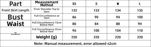 Size chart for women's asymmetric midi dress with measurements for XS, S, M, L