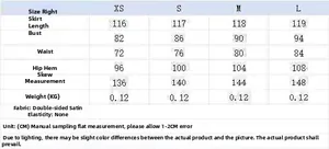 Size chart for women's backless satin dress showing bust, waist, and length measurements