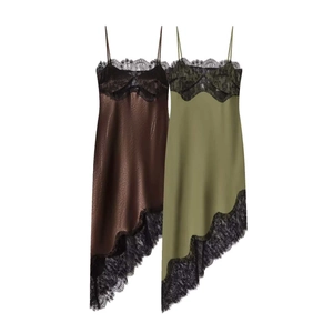 Women Sexy Satin Lace Splicing Camisole Dress Summer Backless Irregular Hem Spaghetti Strap Midi Dress Party Elegant Wear