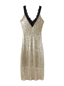 Sparkling gold sequin mini dress with deep V-neck and black lace trim detail
