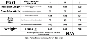 Size chart table for midi dress showing measurements for S, M and L sizes in centimeters