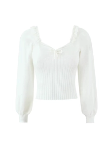 Pull pour Femmes Élégant Col en V à Volants Manches Longues Tricot Côtelé avec Nœud Top Décontracté en Polyester pour le Quotidien