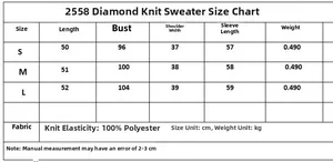 Size chart for winter argyle knit cardigan showing S, M, L measurements in centimeters