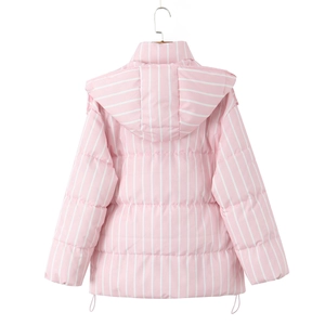 Detail of pink and white striped hooded puffer jacket with horizontal quilting and drawstring