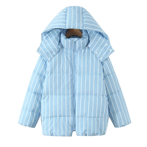 Close-up of light blue and white striped hooded puffer jacket with zipper and snaps