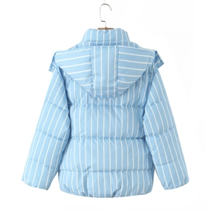 Detail view of light blue striped quilted puffer jacket with hood and horizontal stitching