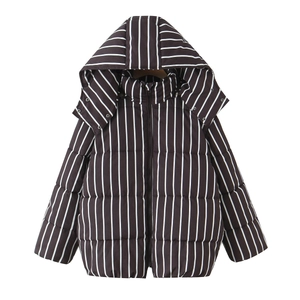 Detail view of winter hooded striped jacket with vertical pattern and zip-up closure