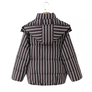 Detail of winter puffer jacket with vertical stripes and quilted hood in high resolution