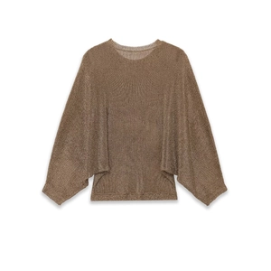 Close-up of brown metallic knit fabric showing the ribbed cuff and shimmering texture