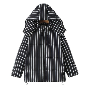 Detail view of striped padded jacket with adjustable drawstring hem and metal snaps