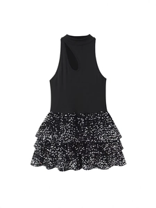 Women Elegant Halter Neck Cutout Sequin Tiered Dress Sleeveless High Waist Patchwork Mini Party Performance Dance Dress