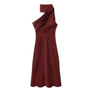 Elegant Deep Red Satin Midi Dress For Women Asymmetric Scarf Collar Backless Sleeveless Sexy Evening Party Cocktail Dress