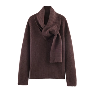 Women Scarf Collar Ribbed Knit Sweater Solid Color Long Sleeve Pullover Autumn Winter Casual Loose Coffee Knitted Jumper Top