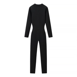 Slim fit black long sleeve ribbed knit bodysuit with full-length zipper and sleek profile