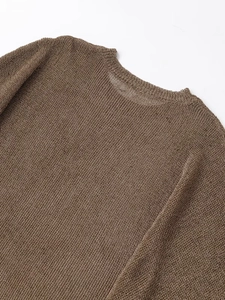Macro detail of brown crew neck knitwear showing fine ribbed texture and metallic sheen