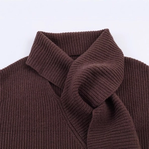 Deep brown ribbed knit sweater featuring a unique scarf-style collar for autumn winter
