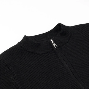 Women's black ribbed knit bodysuit featuring a stand collar and silver half-zip detail