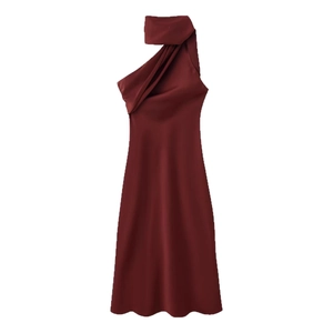 Elegant burgundy one-shoulder midi dress with asymmetric scarf neck and satin finish