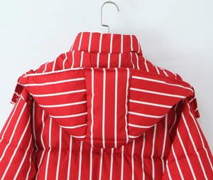 Back view of a red and white striped hooded puffer jacket with quilted warm padding