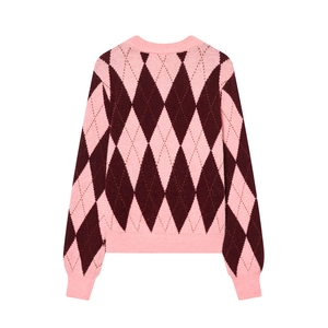Winter women's loose oversized cardigan with classic pink and burgundy argyle pattern knit