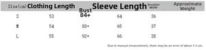 Size guide table for women's half-zip long sleeve top showing S, M, L measurements