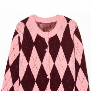 Winter argyle knit cardigan for women with pink and burgundy pattern and button closure