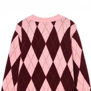 Women's winter argyle pattern knit sweater with pink and burgundy geometric knit design