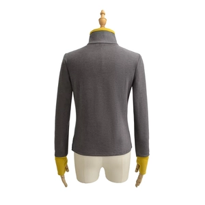 Detail of dark grey warm top with thumbhole cuffs and bright yellow contrast collar