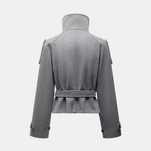 Rear view of a grey wool coat with high collar, epaulettes, and a buckled waist belt