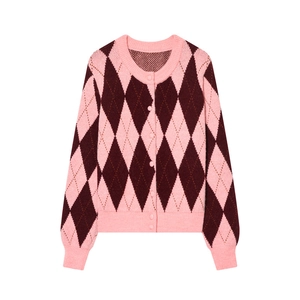 Women's winter argyle knit cardigan with pink and burgundy diamonds and button front