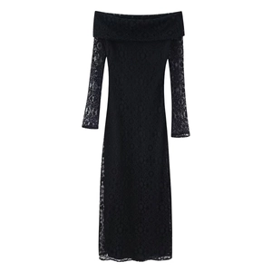 Women Sexy Off Shoulder Lace Maxi Dress Long Sleeve Hollow Out Slim Fit Elegant Evening Party Black Dress