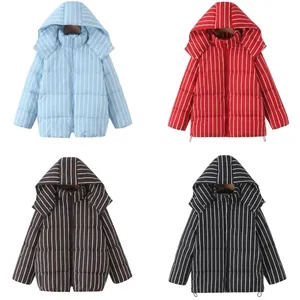 Women Casual Striped Hooded Puffer Jacket Quilted Padded Winter Coat Warm Stand Collar Zipper Outwear With Drawstring Hem