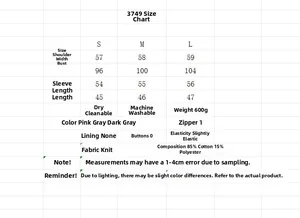 Detailed size chart for the three-piece knit hoodie and jogger set with fabric care info