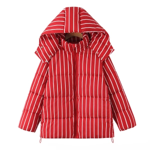 Women's red and white striped hooded puffer jacket with metallic buttons and drawstrings