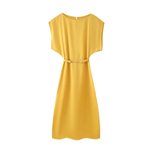 Women Elegant Satin Texture Midi Dress Round Neck Short Sleeve Solid Yellow Dress With Chain Belt For Work Party Office