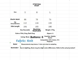 Detailed size guide for knitted joggers showing waist, hip, and length measurements
