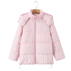 Women's pink and white striped puffer jacket with hood for winter wear