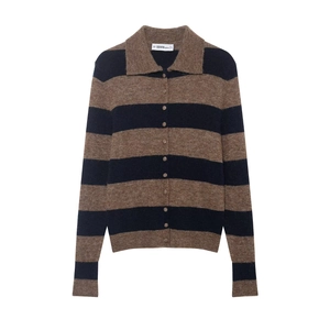 Gilet en Maille Rayé pour Femmes Pull avec Col Polo Boutonnage Devant Manches Longues Casual Retro Streetwear