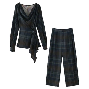 Haut À Manches Longues À Col Drapé Asymétrique Et Pantalon Ballon À Carreaux En Polyester Pour Femme