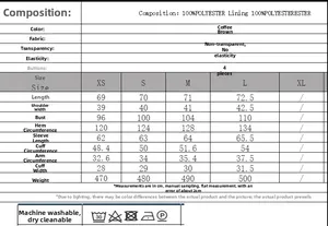 Size chart for coffee brown polyester coat with measurements in cm and care instructions
