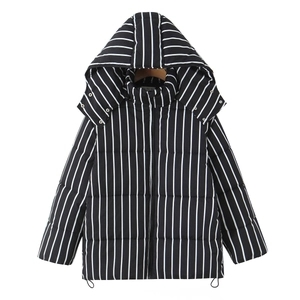 Winter striped hooded puffer jacket with black and white vertical lines and drawstring hem