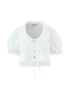 Chemisier Femme Doux en Coton Blanc Dentelle Col Claudine Manches Bouffantes Crop Top Vintage Français avec Nœud Mode