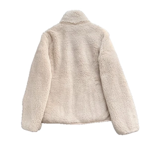 Back view of women's off-white polar fleece jacket with a warm stand-up collar