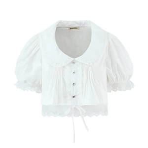 Crop top blanc à manches courtes avec col Peter Pan et bordure en dentelle