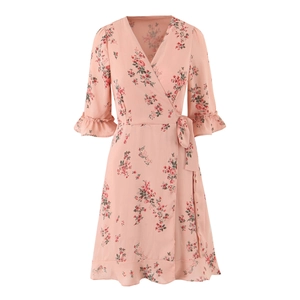 Women's V Neck Floral Print Wrap Mini Dress Polyester Ruffle Sleeve Tie Waist Summer Party A-Line Short Dress