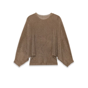 Women's metallic gold knit sweater with batwing sleeves and round neck in loose fit