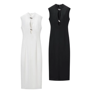 Minimalist Sleeveless Bodycon Maxi Dress Metal Button Cutout Front Sexy Backless Slit Long Dress Street Style Evening Party Dress For Women