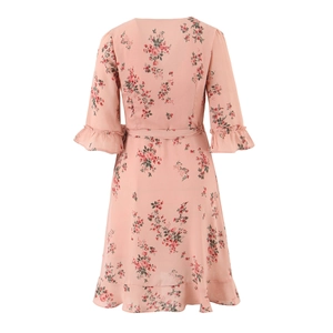 Detail view of pink floral dress featuring ruffled hem and delicate sleeve pleats