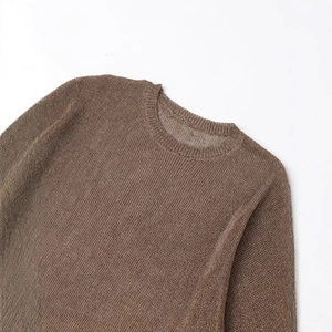 Brown fine-knit crew neck top with metallic sheen and soft elastic texture for women